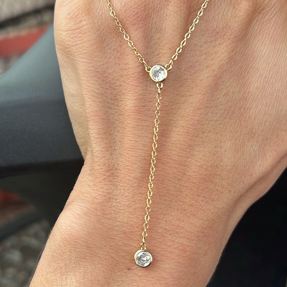 Gold lariat Y necklace CZ adjustable 18" 20" LA CN La Gem & Jewelry Design, Inc - Picture 7 of 10